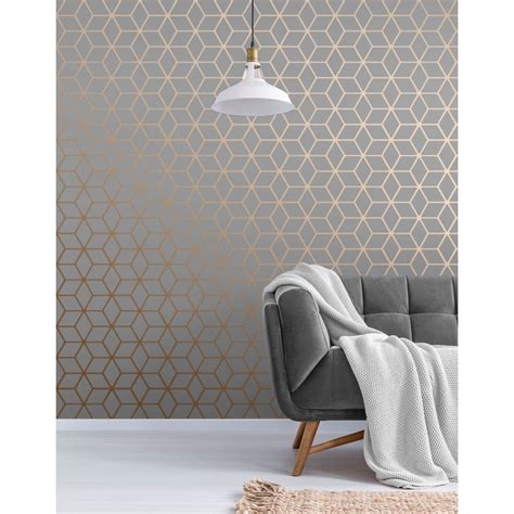 House of Alice Cubic Shimmer Metallic Wallpaper Grey Copper